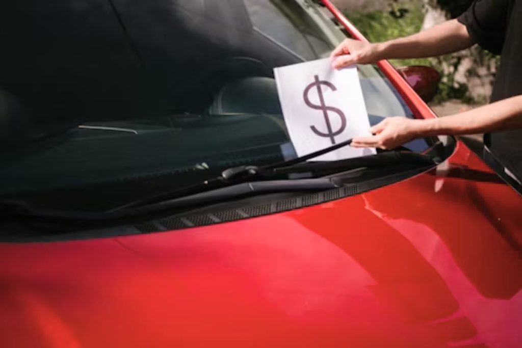 Driver calculating car insurance premiums using a calculator and policy documents to lower annual costs