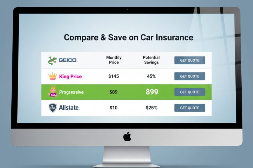 Comparison table showing cheapest online price for Car Insurance Quotes 2025”