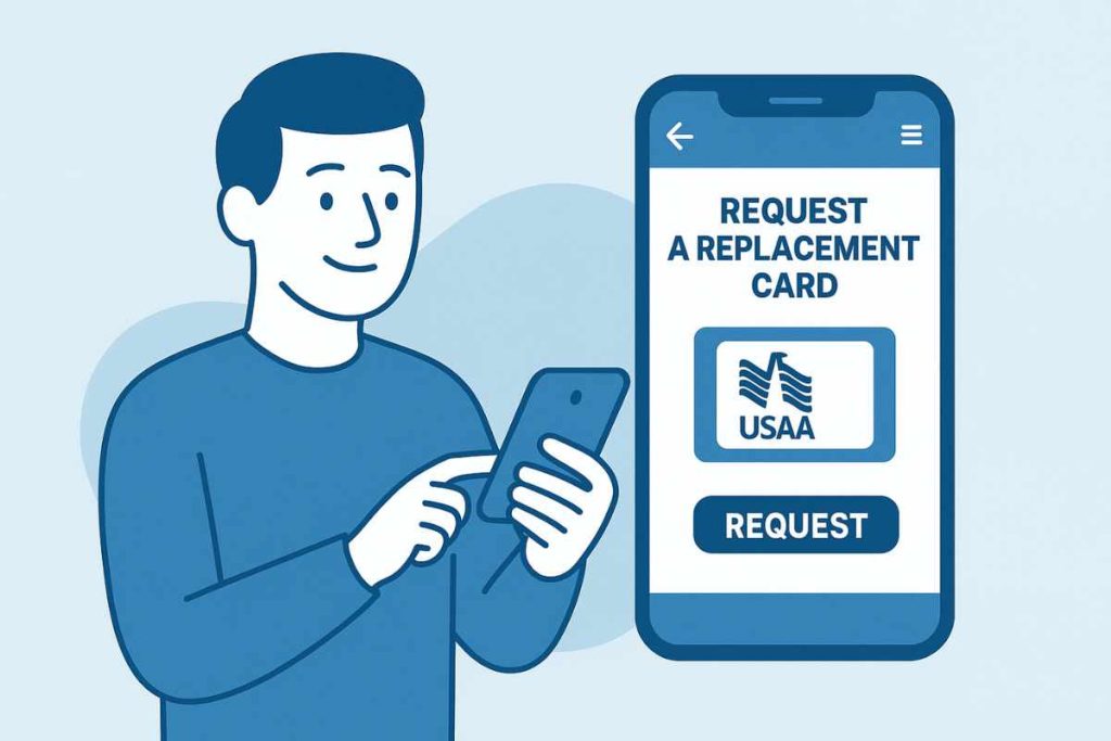 User requesting a replacement USAA insurance card using the USAA mobile app.