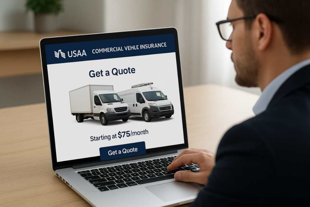 Business owner checking USAA commercial vehicle insurance quote online
