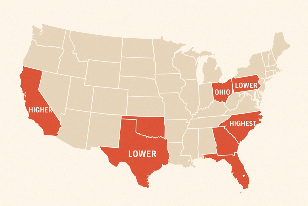 State Farm car insurance quotes map showing differences in rates by U.S. state