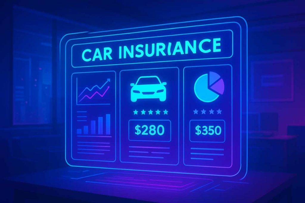 Futuristic display of online get car insurance quotes and coverage comparison