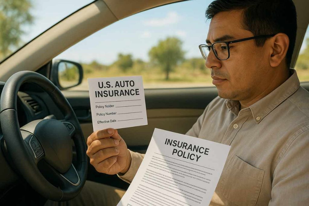 Insurance for a Mexican car in the USA: Mexican driver holding U.S. auto insurance card