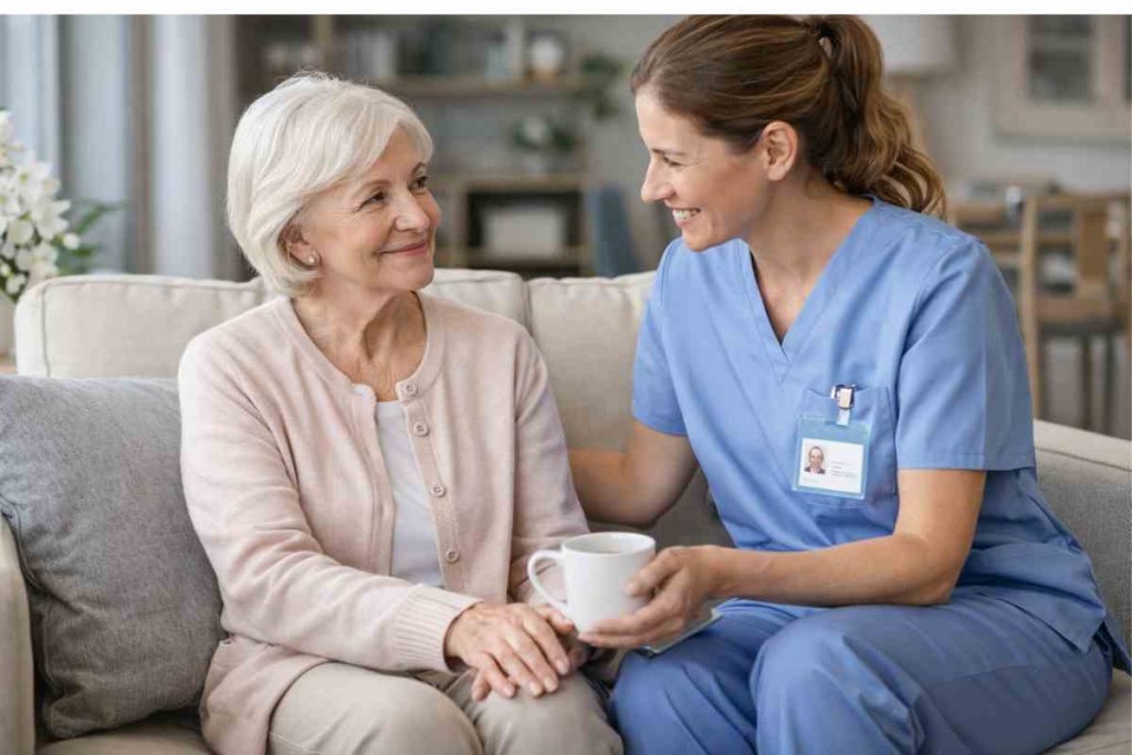 Long-term care insurance  elderly woman receiving professional home care assistance