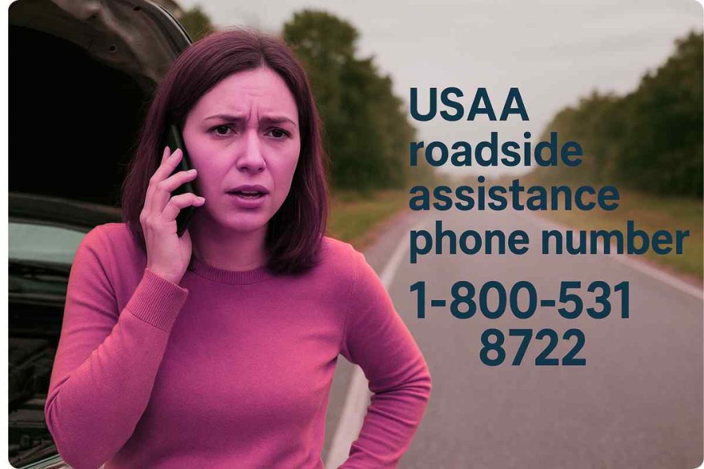 “USAA roadside assistance phone number — tow truck helping disabled car on roadside for USAA auto members.”
